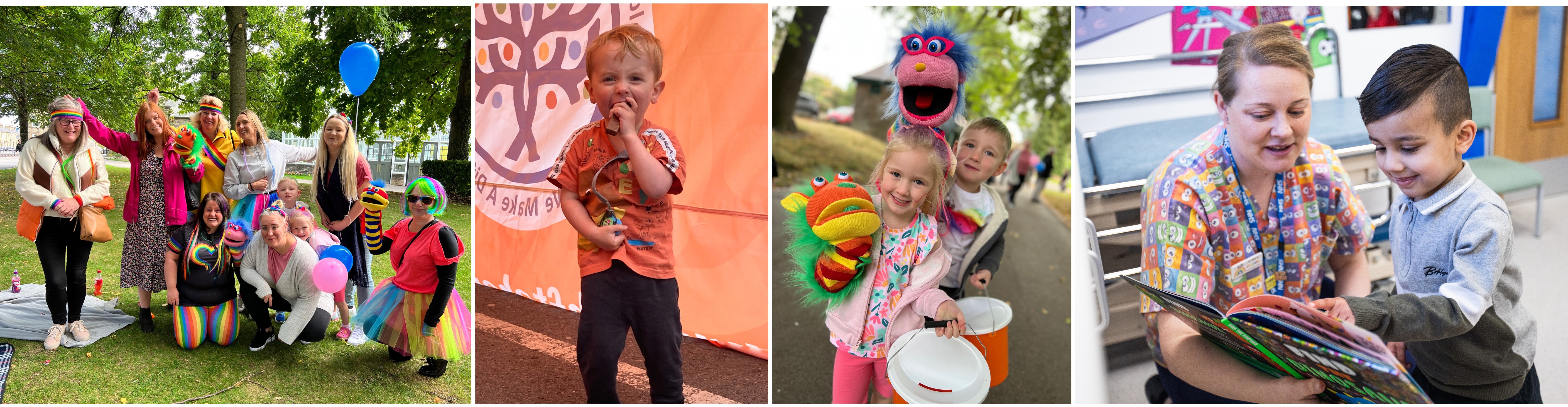 Colleagues from Rainbow Community Group giggling at fundraising event alongside images of younger patients.