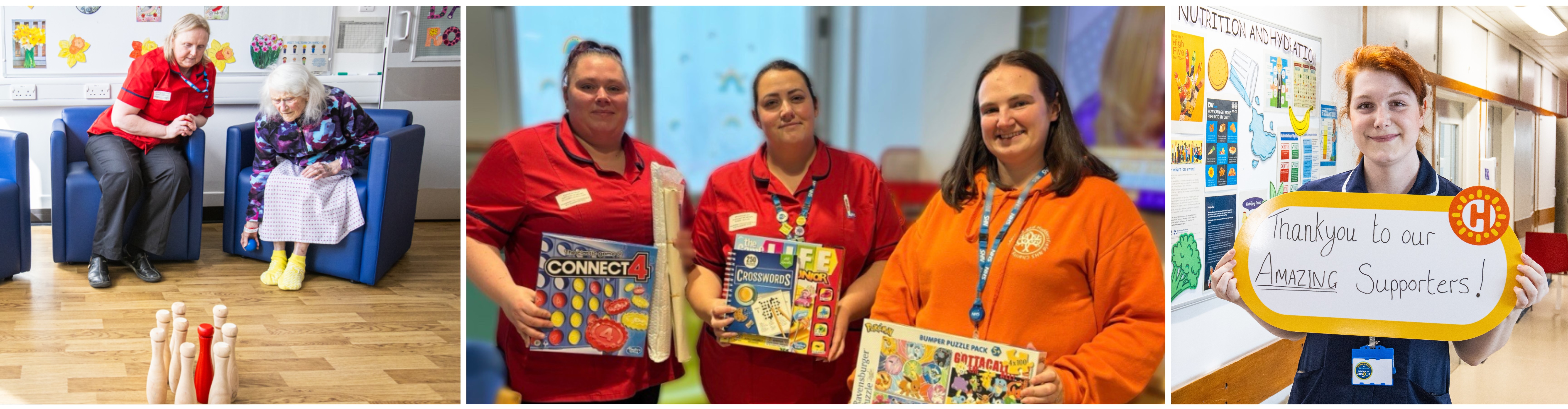 Enhanced Care Team support worker playing bowling with patient in a hospital day room, colleagues accepting a donation of toys for delirium patients and delirium colleague holding a thank you message to supporters. 