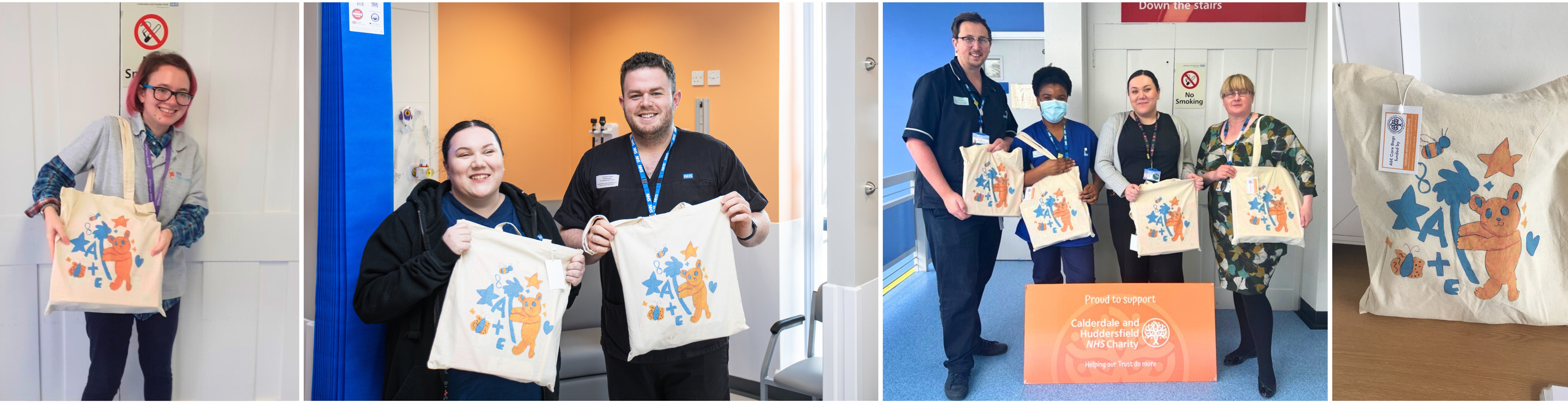 Student holding a A&E Care Bag which she designed, colleagues standing proudly with A&E Care Bags in A&E, colleagues showing off the new bags. 