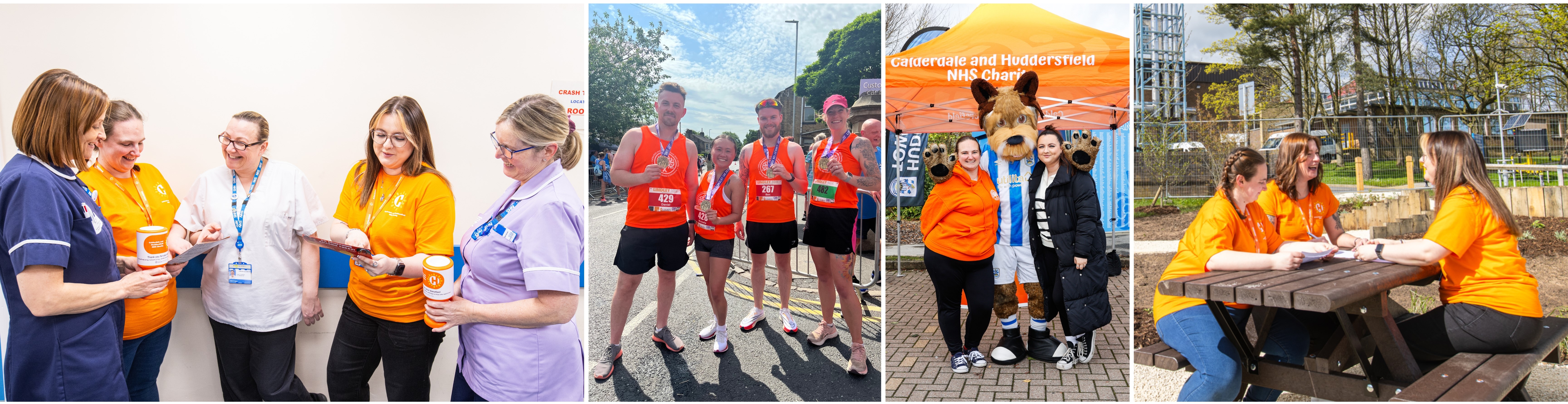 Group of colleagues smiling and giggling with charity team, group of fundraisers with their medals at the end of a race, two charity colleagues stood with a football mascot at engagement stand and CHFT Charity team during a meeting.