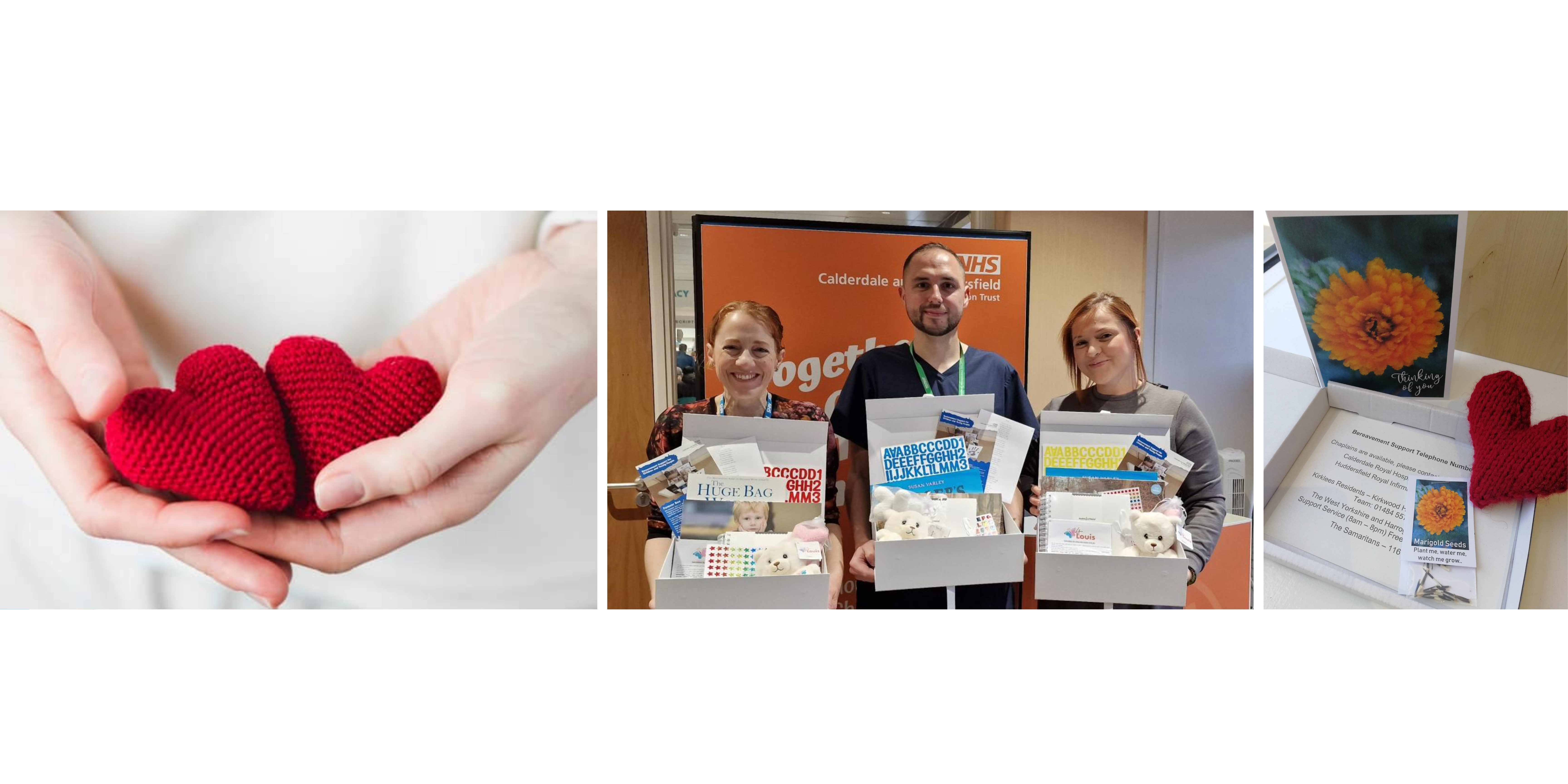 Knitted heart alongside a group of colleagues holding a My Forever Box.