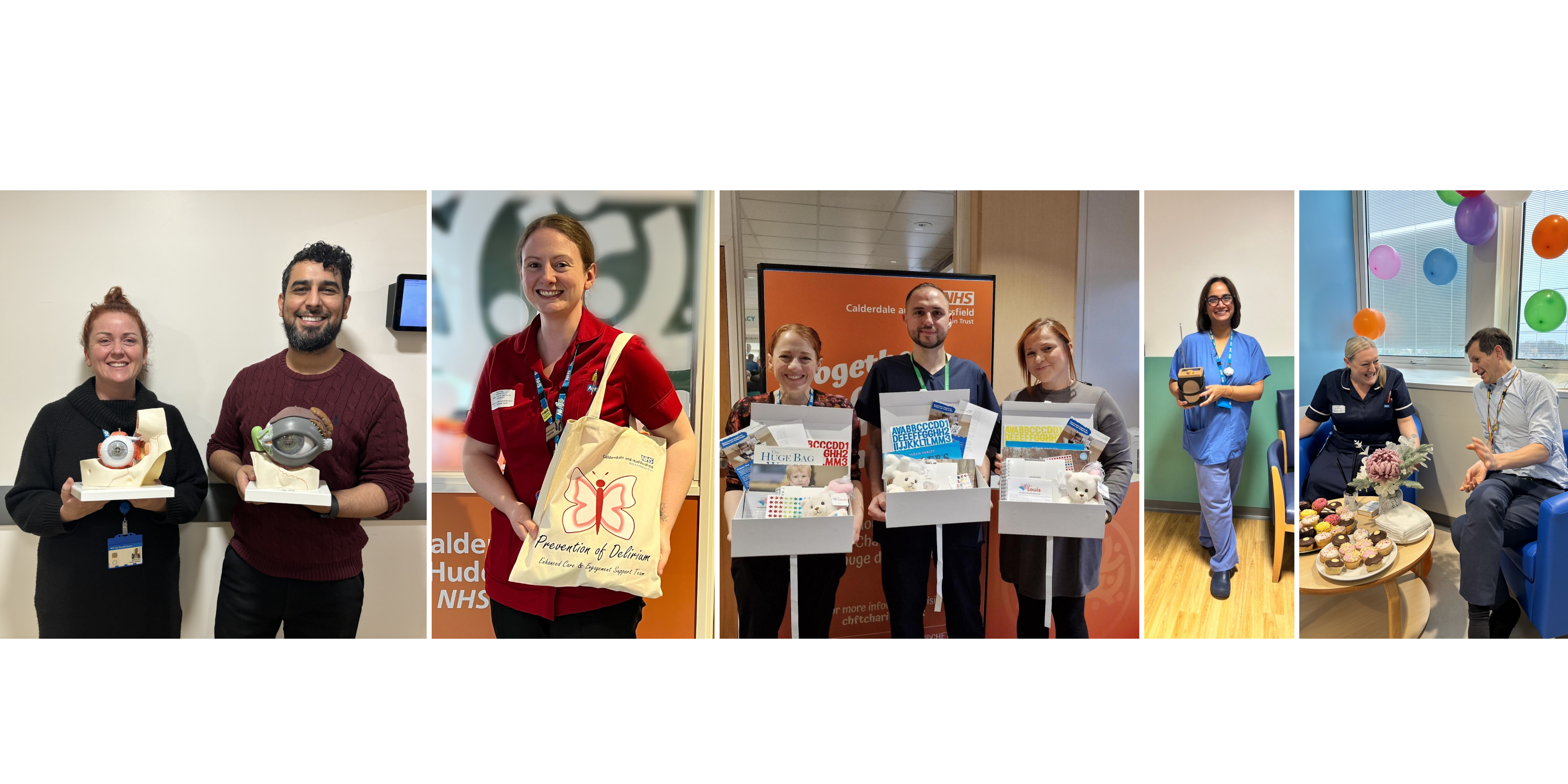 Two colleagues stood with eye models that CHFT Charity funded, colleague stood with Delirium resource bag, colleagues stood smiling with My Forever boxes, colleague showing off DAB Radio Charity funded and finally, two colleagues relaxing in a staff wellbeing room.